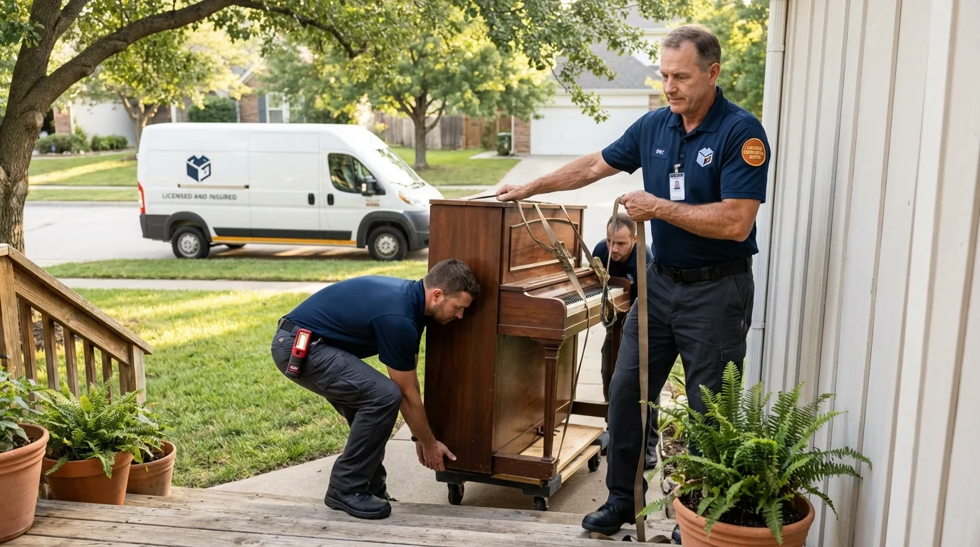 Licensed piano movers securing grand piano in Fairview, OR