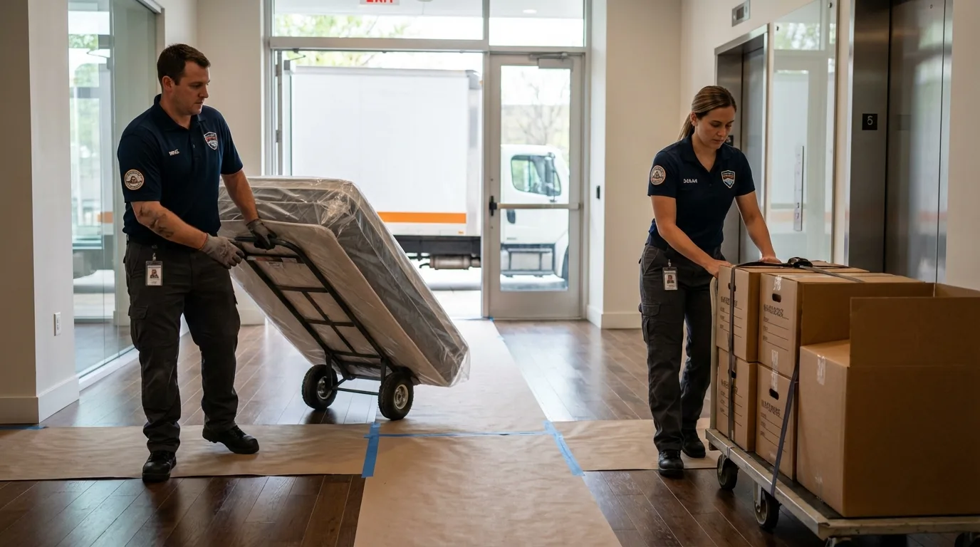 Professional apartment movers loading elevator in Fairview, OR